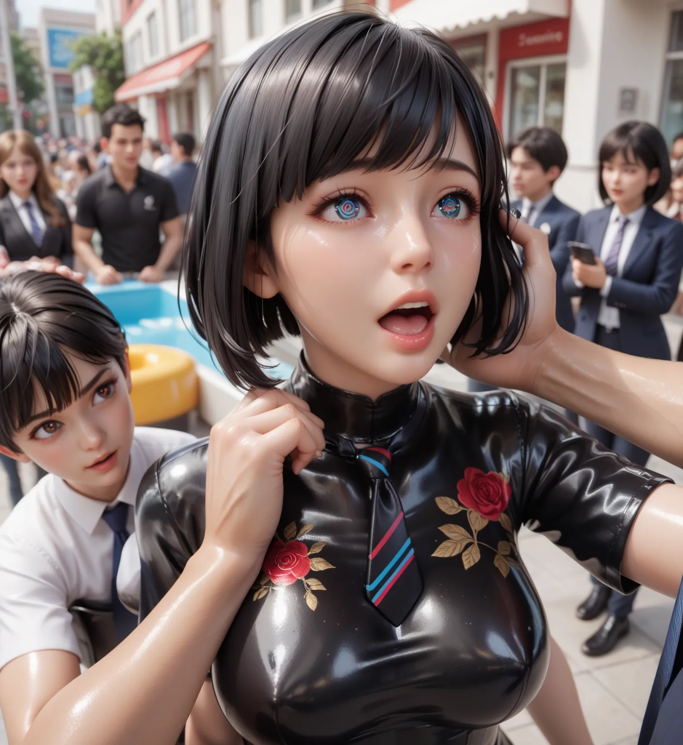 Mother and 2 young daughters, Is there ,    in an extremely tight   ,  shiny black latex polo shirt in the crowd, bob cut, black hair,     very strong shiny skin,  head tilted back,  Langarm , stroking hair, isometric view, Breasts  ,   extremely long hair...