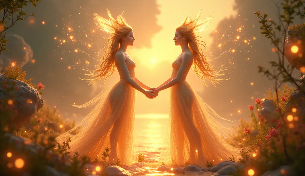 A realistic 3D ultra HD image of two ren holding hands, spreading a warm golden light that fills the magical world with happiness and love.