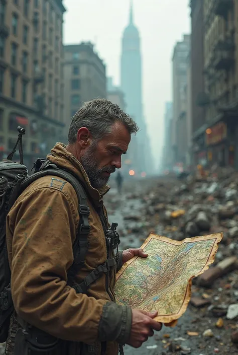 create a hyper realistic POV image prompt point of view. A man walking with a map in completely destroyed New York.