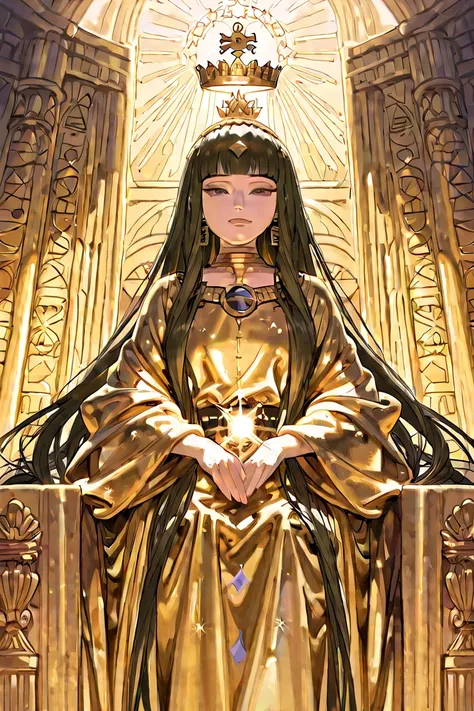 queen Cleopatra with long brown hair, brown eyes, throne,piramid landscape,