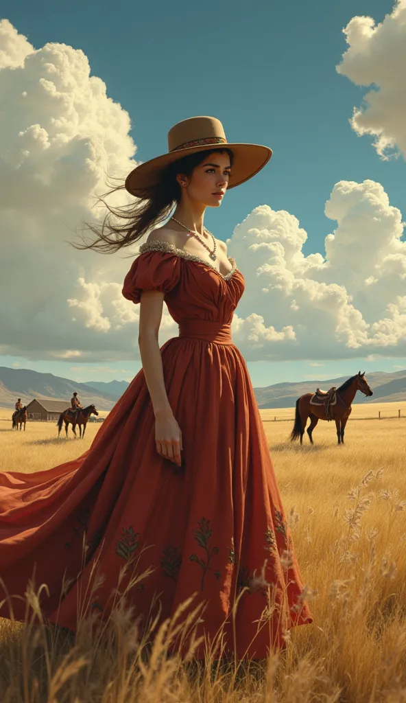 High quality and detailed and colorful graphic graphic graphics with full height shows Victorian European female ranch, standing in the old Western prair, the wind blows her hat. In the background you see her ranch and some horses.  Drawing a graphic desig...