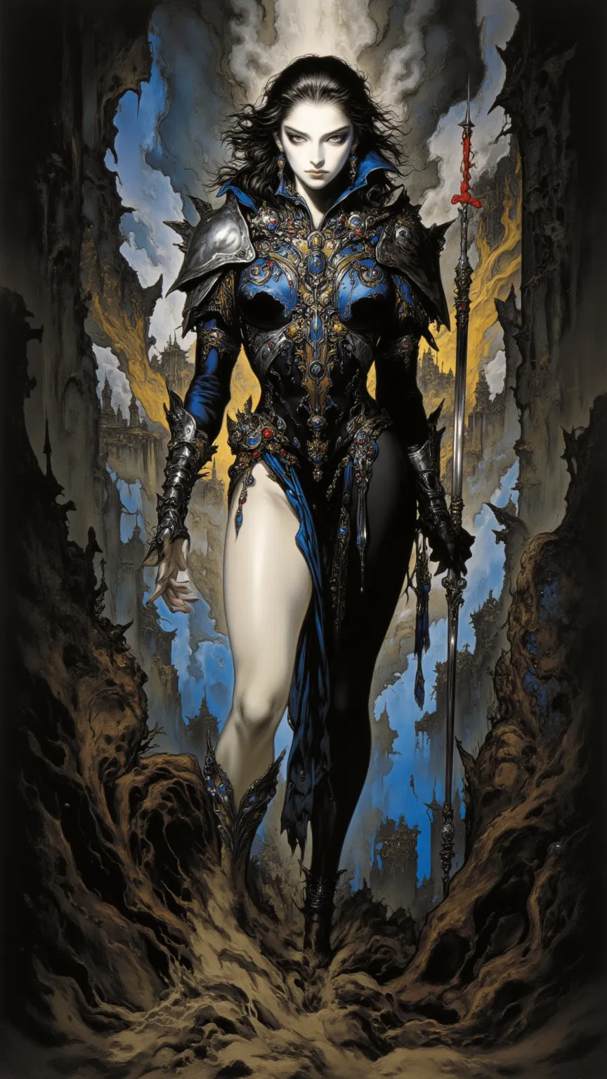 full body, A sexy and powerful medieval woman，With a mysterious temperament ，Wayne Reynolds draws，with a highly detailed and dynamic style, 