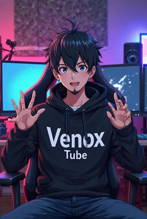 "A young anime with neatly styled dark hair and a well-groomed beard sits confidently in a gaming chair. He is wearing a black hoodie with the text 'Venox Tube' in bold white letters. His hands are gesturing expressively as he speaks, creating a dynamic an...