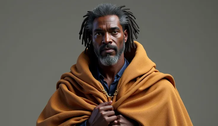 A handsome dark-skinned brown mature man with grey dreadlocks wearing grey robes, looking at a lion-skin cloak, 3d realistic, highly detailed features