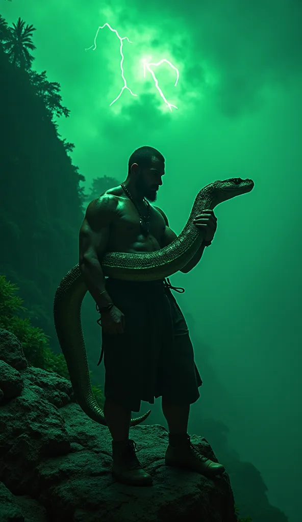 "A rugged man holding a majestic venomous serpent, its iridescent scales shimmering under the eerie glow of bioluminescent fungi, standing on a rocky cliff overlooking a mist-covered jungle, intense gaze, deep midnight lighting with glowing green hues, hyp...