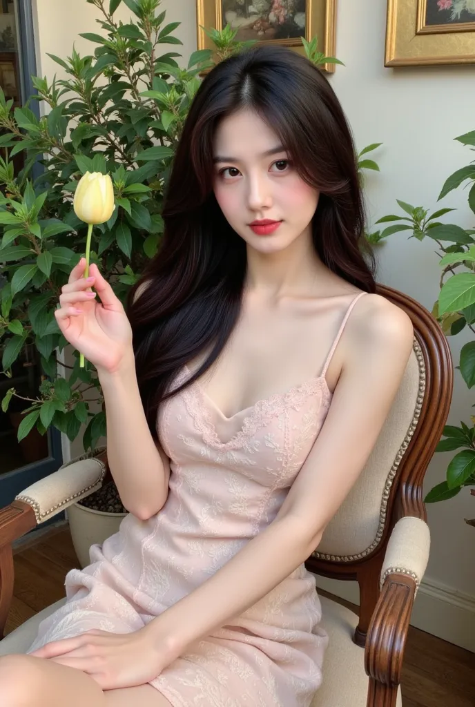 a woman sitting on a chair with elegant style. She wore a light pink lace dress and held a light yellow tulip in her hand. The background has many green trees and wall paintings, creating a gentle, sophisticated space. The exterior and interior have a clas...