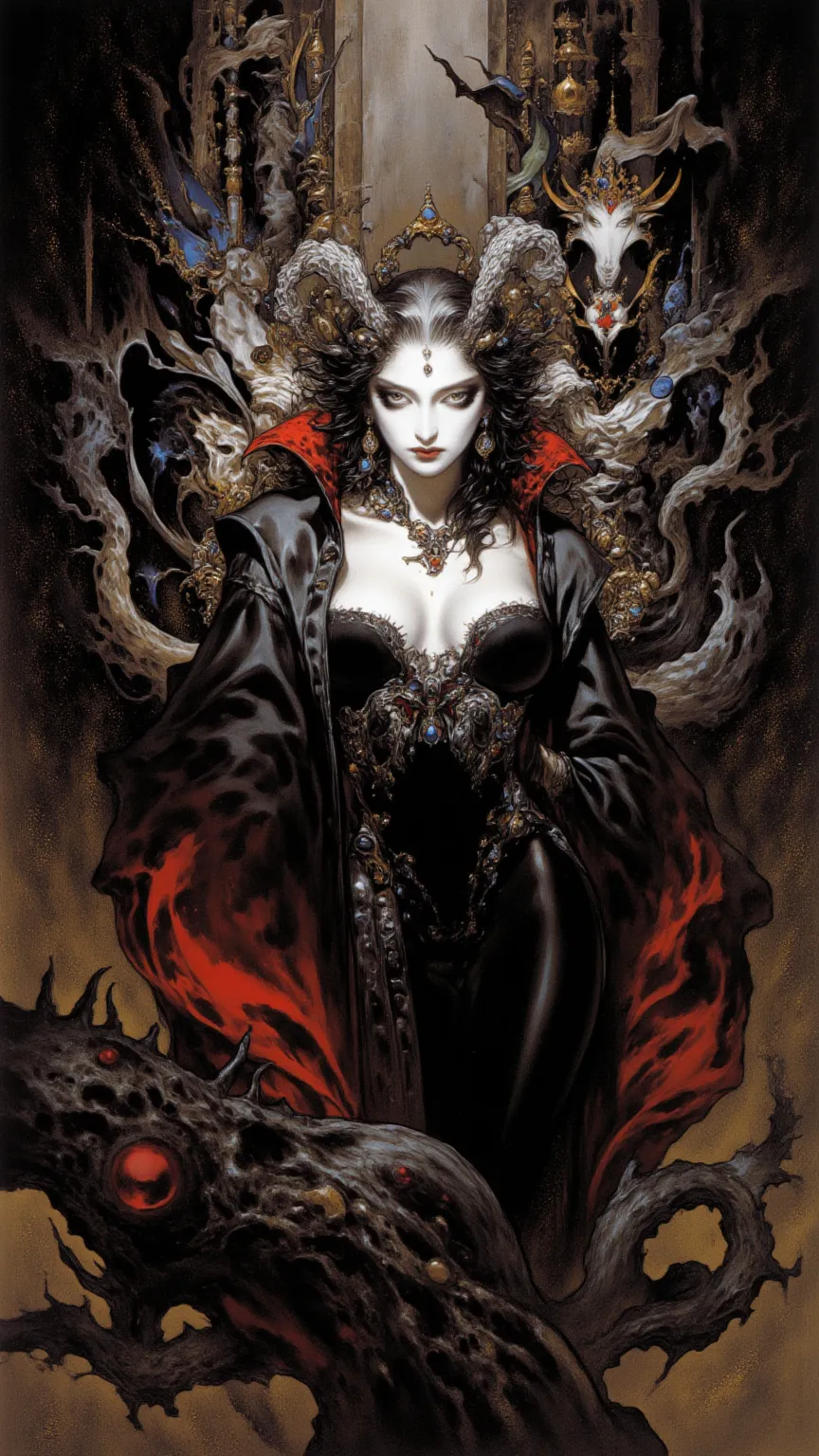 full body, A gothic sexy woman，gothic background，With a mysterious temperament ，Wayne Reynolds draws，in a highly detailed and dynamic style, 