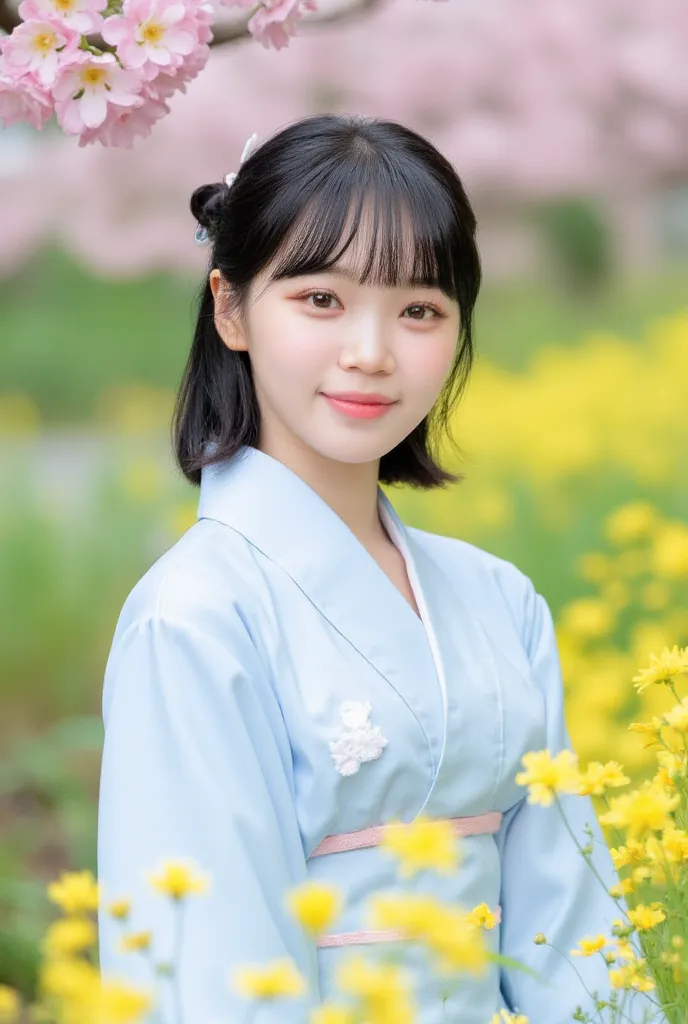   light blue yukata， alone，There are rapeseed flowers underneath、surrounded by pink cherry blossoms in full bloom  ，   white skin，smiles, 