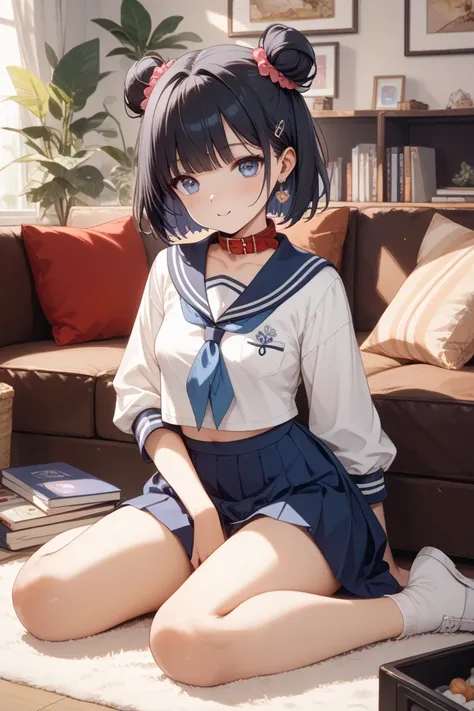 living room。2girl 。1 is black hair short hair。2 have long chestnut hair and buns。They are both slender。１are small breasts 。２Big boobs。sailor suit。１Is sitting on the couch。２Is sitting straight on the floor。２Is made to wear a collar with a red string。１Has a ...