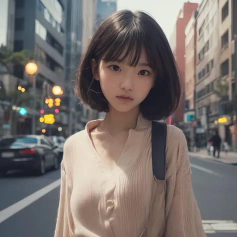 portrait, documentary,  photos, 女の子はジェンダーニュートラルな middle school studentで、Short black hair and small breasts , 疲れた表情でCommuting路を歩いている, short hair,   in underwear, Commuting route,  high quality, realistic, eye height shot, Medium Shot,  front view, natural l...