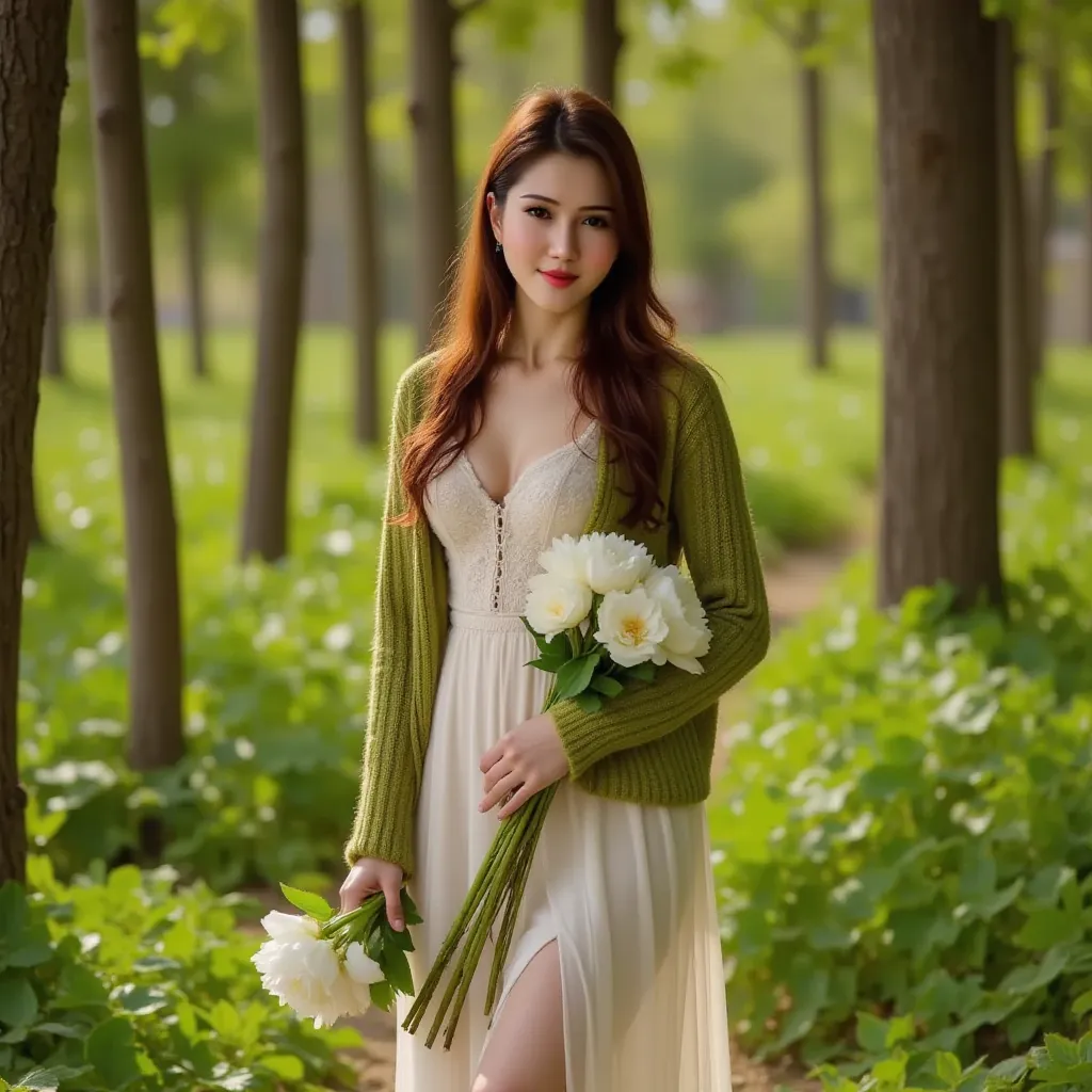 Long legs ,Beautiful Girl, A young woman with long, straight brown hair and luminous, porcelain-like fair skin stands in a lush, vibrant green forest. She wears a flowing, ivory-white dress with intricate lace details and an oversized, moss-green, chunky k...