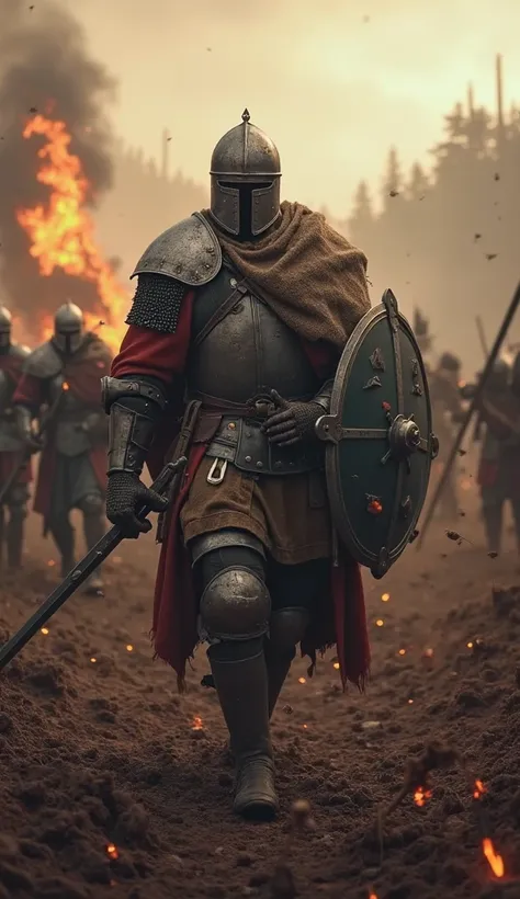 "POV: You are a medieval soldier during the Hundred Years' War. 4K, ultra-realistic, hyper-detailed. Experience the harsh life of war, from waking in a damp tent to marching toward battle, surviving brutal combat, and collapsing in exhaustion by nightfall....