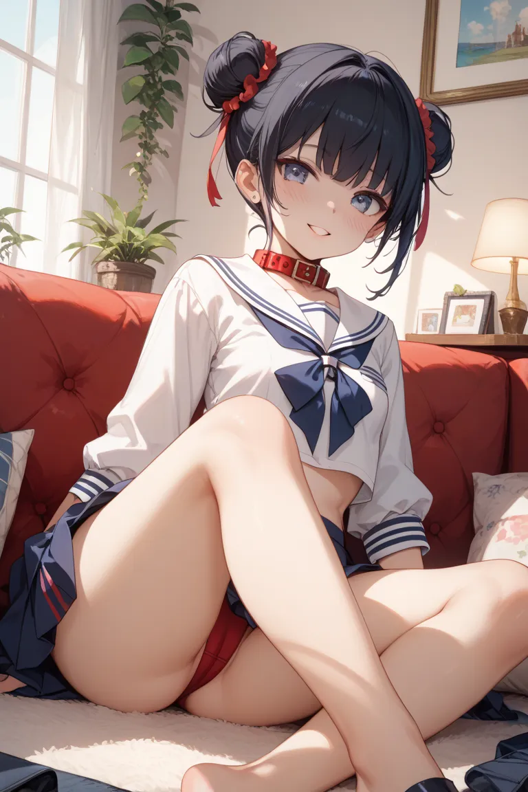 living room。2girl 。1 is black hair short hair。2 has long chestnut hair and a bun。they are both slender。１are small breasts 。２Big boobs。sailor suit。１is sitting on the couch。２Is sitting straight on the floor。２Is made to wear a collar with a red string。１has a ...