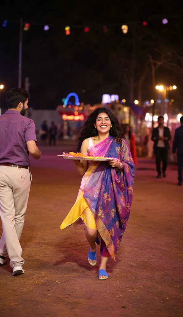 .A young woman running joyfully at night during the Holi festival, carrying a plate full of vibrant colored powders. She is covered in bright Holi colors, and the air is filled with clouds of powdered gulal. The background features festive lights, people c...