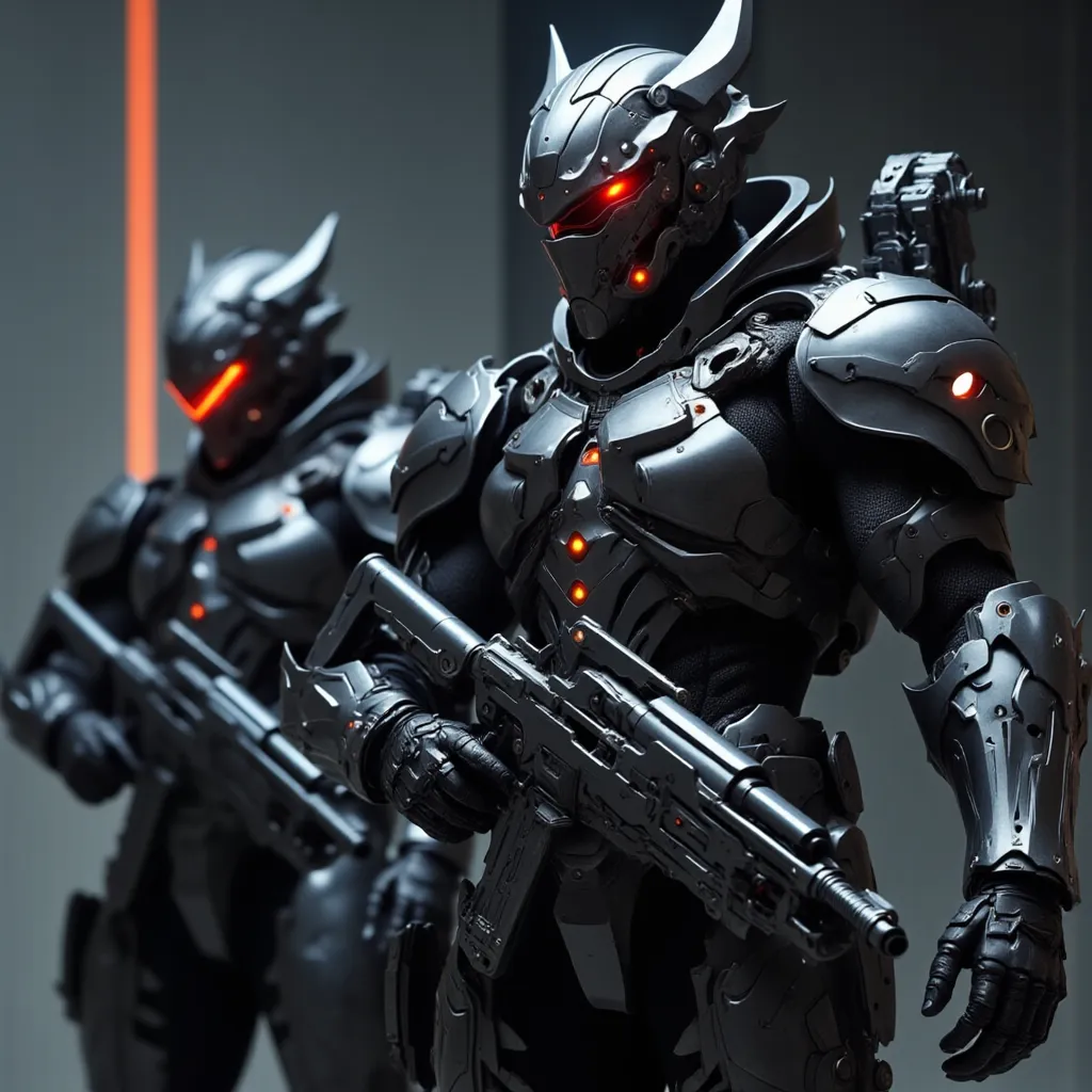 Futuristic senior officers in massive black and matt high-tech armor and exoskeleton(with rare red diodes),  Their helmet is designed in a high-tech style with a protective thin scarlet visor and built-in infrared sensors and pointed ears, they are holding...