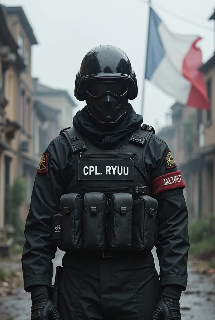 - Soldier theme in black military suit, black military helmet, cagoule militaire noir, bullet vest
black military with “CPL. Ryuuu” top. red armband on left arm.
” written - Wide and remote background of a dilapidated city with a French flag flying in the ...