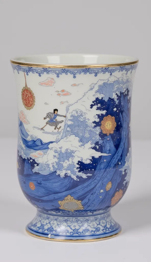 various vase paintings close-up, Yoshida Hanbei depicting a man surfing on the waves of the sea , Tumbler, , Delft-baked,  Picture of a masked cup  , chinoiserie pattern, porcelain, coffee cup,  glazed pottery , chinese blue and white porcelain, Emma Bridg...