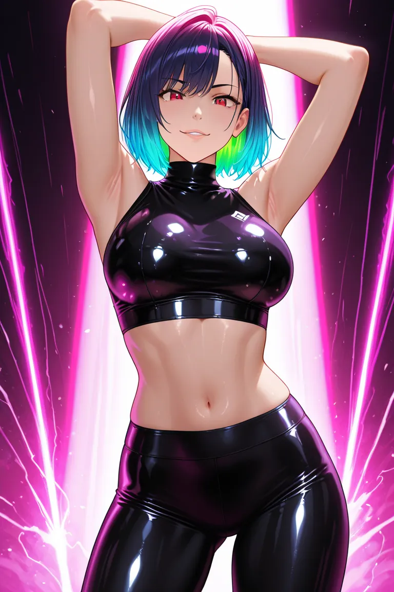 Busty woman in a croptop turtleneck sleeveless shiny latex shirt, in leggings, beautiful face, colorful hairs, fit body, perfect body, seductive look, arms up