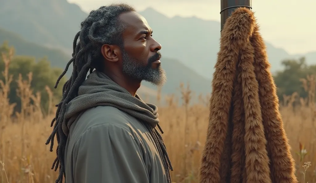 A handsome dark-skinned brown mature man with grey dreadlocks wearing grey robes, looking at a thick lion-skin cloak hanging on a pole in the field, 3d realistic, highly detailed features