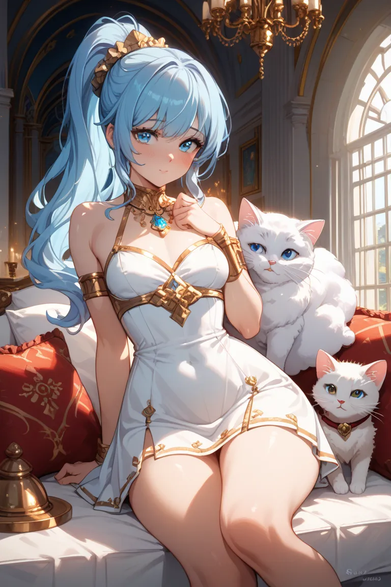 Cute girl、big boobs ass 、 Gold、blue eyes、long hair、cat、is shy、ponytail