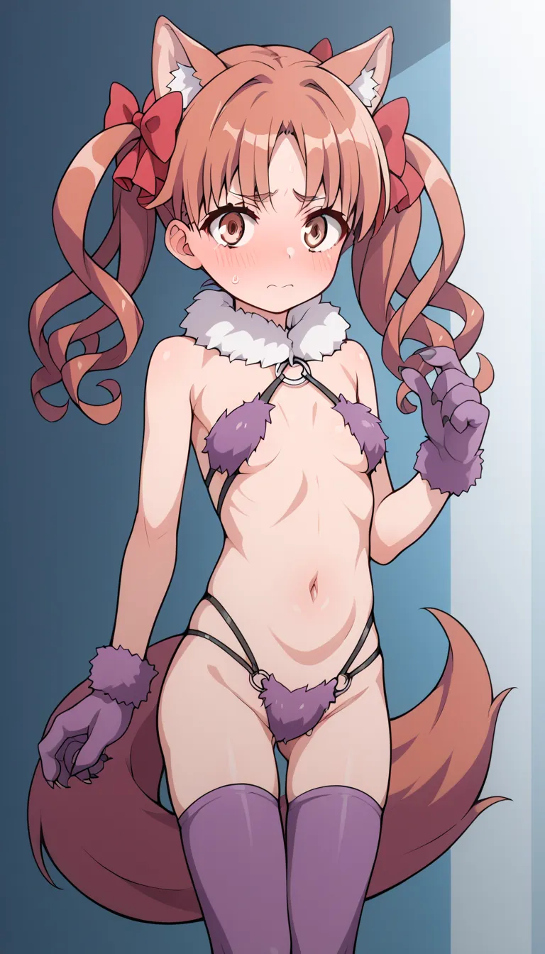 kuroko shirai, brown hair, long hair, parted bangs, brown eyes, ringlets, twintails, hair bow, bow, red bow, small breasts, loli appearance, no curves, undeveloped body, posing embarrassed, red face, fur-trimmed legwear, purple tail, fur bikini, fur-trimme...