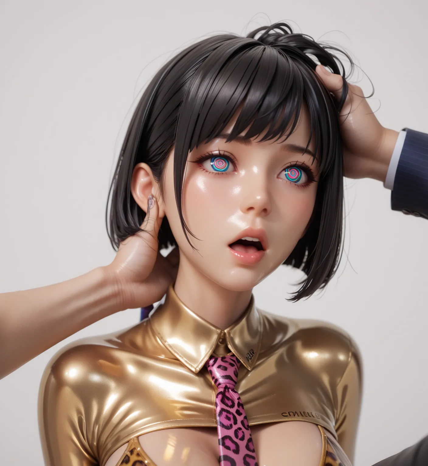 Mother and 2 young daughters, Is there,   in an extremely tight  ,  shiny gold latex polo shirt, bob cut, black hair,    very strong shiny skin, head tilted back,  Langarm , stroking hair, isometric view, Breasts ,  extremely long hair, caress face, neckti...