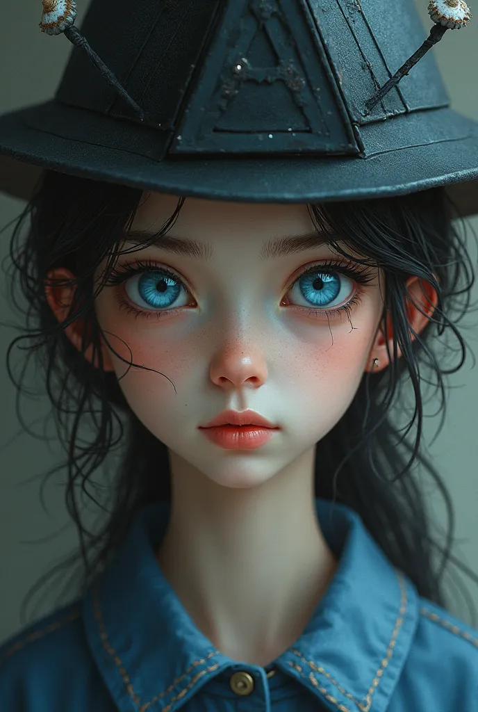 A girl with a dark square, blue eyes and a snub nose