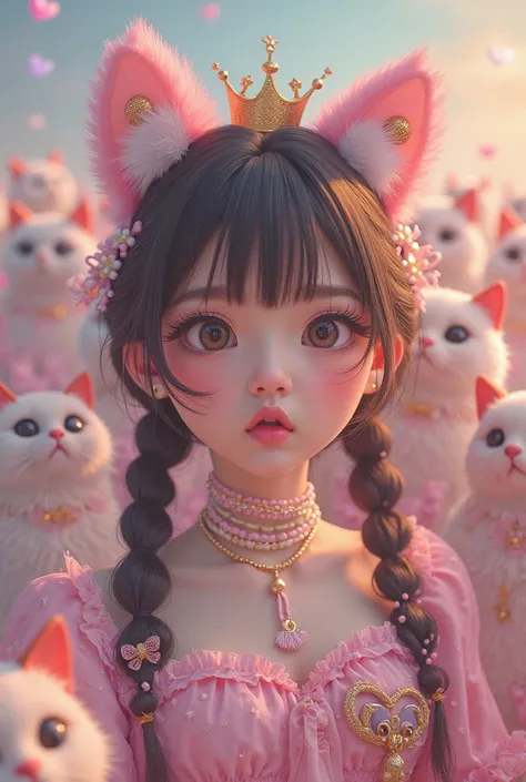  Lori Fashion、Pastel surreal pop equipment、Princess Neko Ears、Innocent Eye、Golden eyelashes、Gloss Lip、Duck mouth、The cat's hand touched her face、wig hair、braid twin、cat pose for everyone、Happy girlfriend surrounded by cheerful cats、art、 model、{More Flash}、...