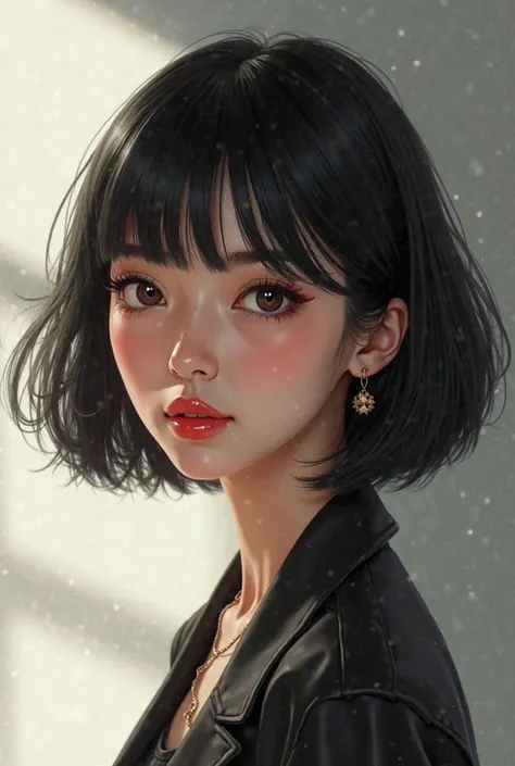 illustrate a beautiful, confident girl, with short balck bobbed style hair and thin lips