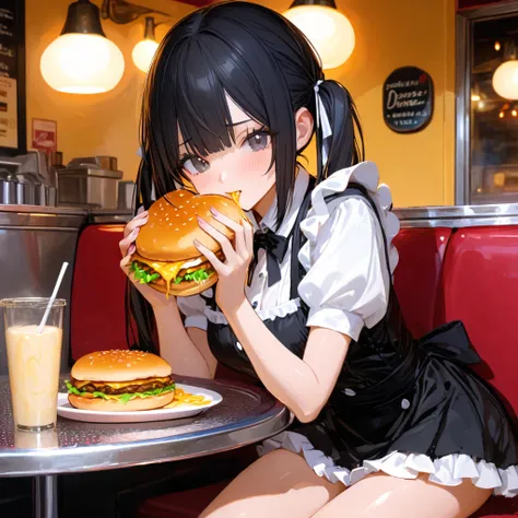 Black hair, twin tails, maid outfit, miniskirt, white knee-high socks, the background looks like a diner, He brings you a hamburger with cheese overflowing between the sandwiches.