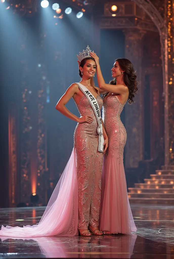 Miss Universe. A woman put crown on another woman head from back. Wear unique long evening gown. On large stage. Sash. 