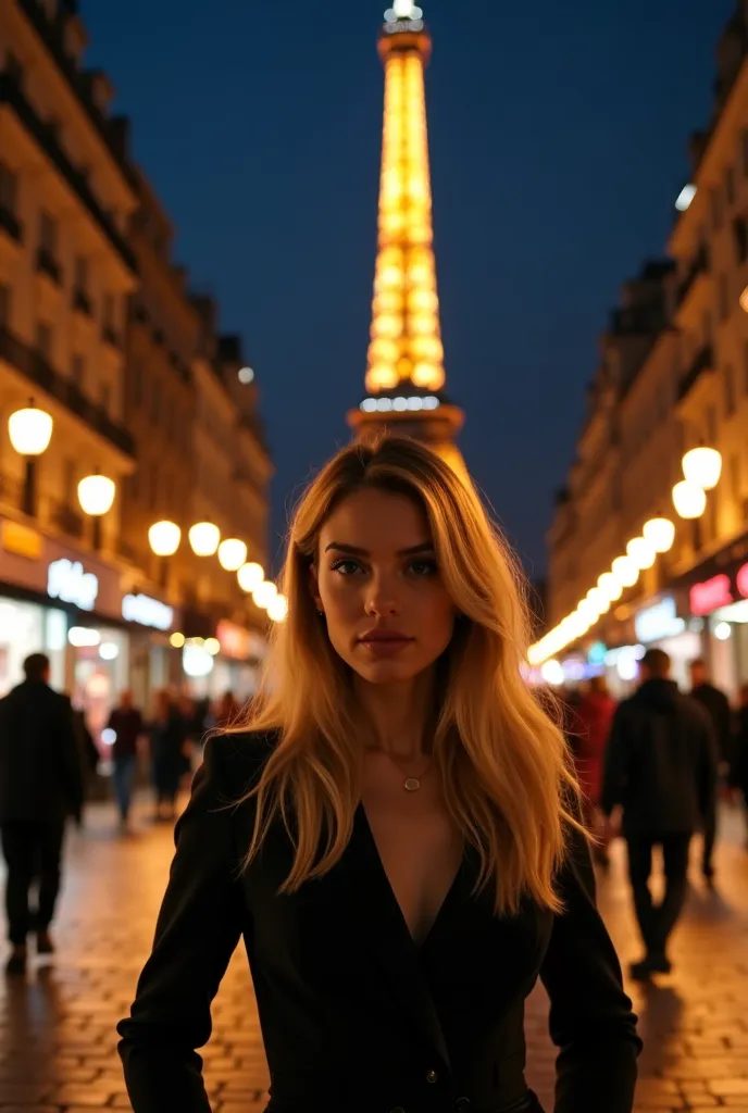 "A blonde woman with dark and deep eyes, with long black hair flowing down her back, is standing on a busy street in Paris. Her silhouette is captured in a full-body image,  wearing an elegant and sophisticated outfit . In the background, The Eiffel Tower ...