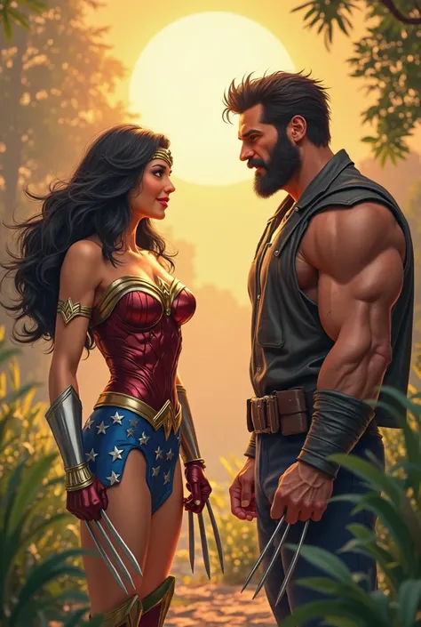 6d cartoon, Realistic, Cinematic Camera, hot, Wonder Woman talking to Wolverine, laughter 