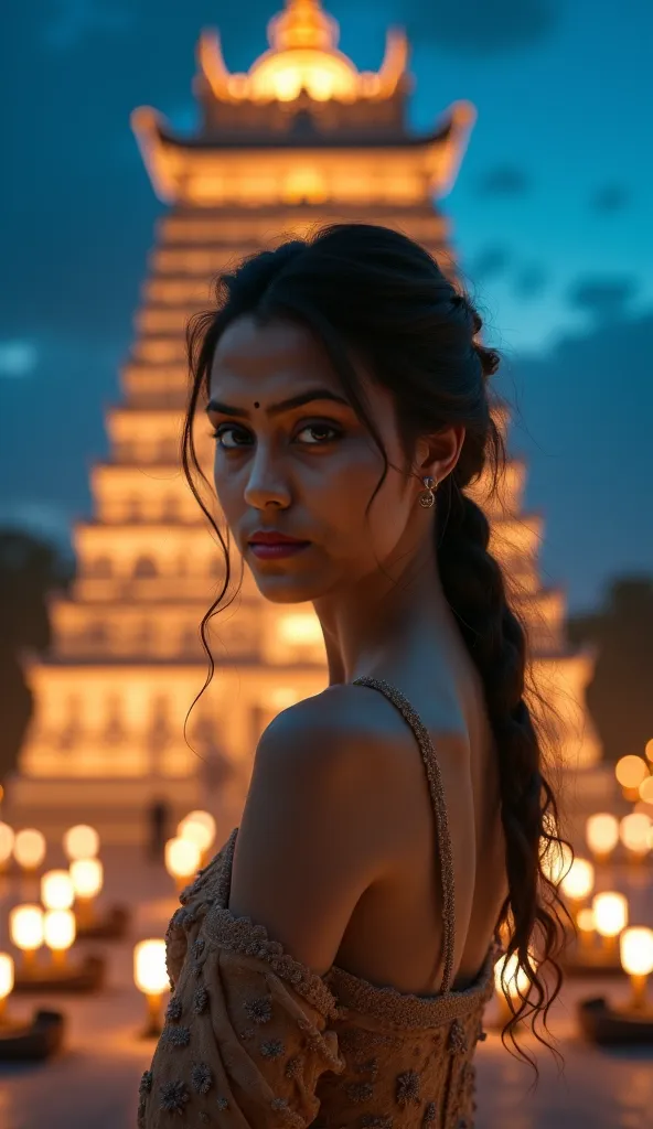 Make this girl person with beautiful look infront of grand temple with night hue lights look, elegant,4k, cinematic landscape 