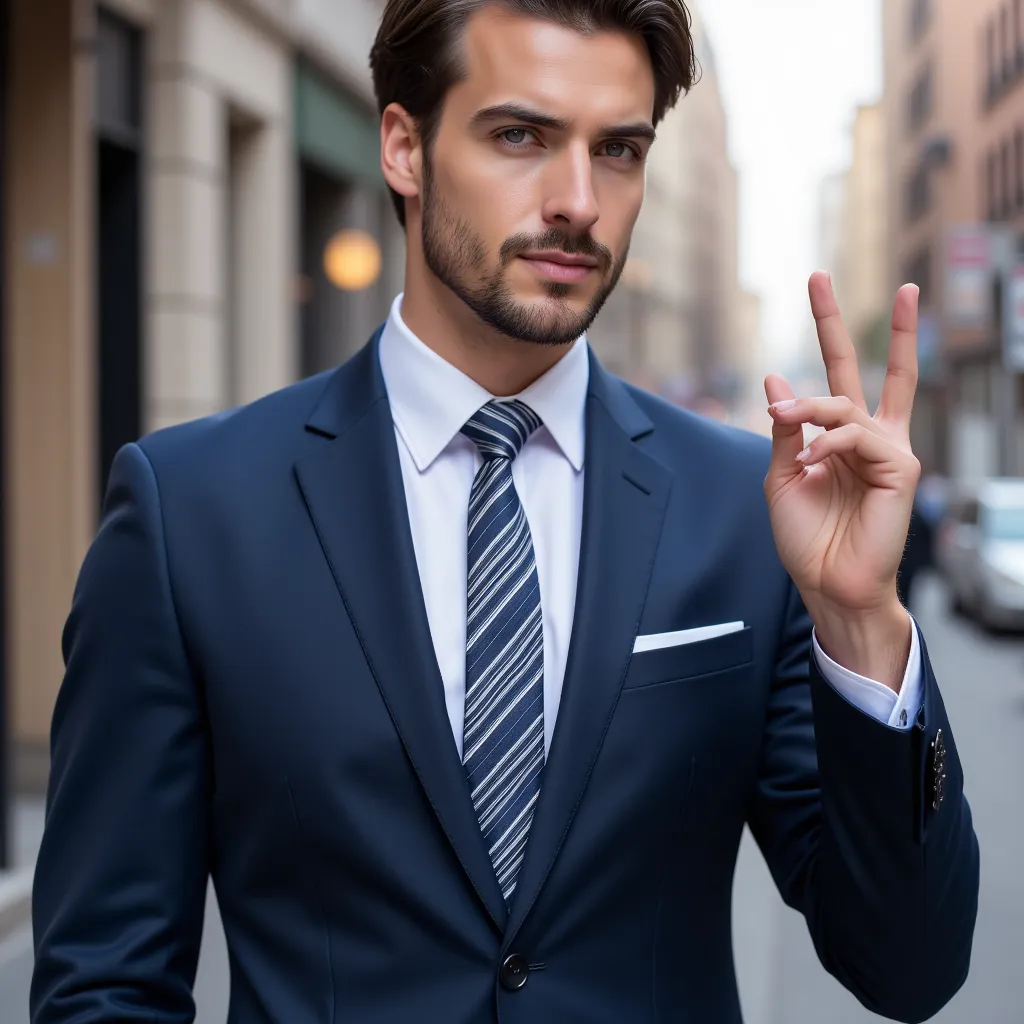 "A close-up of a handsome man in a navy suit and striped tie, standing in a city environment. His mouth is slightly open, as if starting to speak. His right hand is raised slightly, fingers relaxed, as if emphasizing a point. His left hand remains at his s...