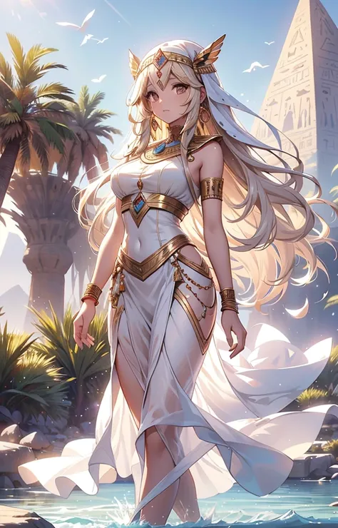 Best Quality，tmasterpiece，Ultimate resolution ，oasis piramid background landscape， Ancient Egyptian woman ，cabelo longo wavy brown， a natural female，Long white dress in Egyptian style，a long white skirt，walking in the water ， desert oasis ，Rio Nile，Normal ...