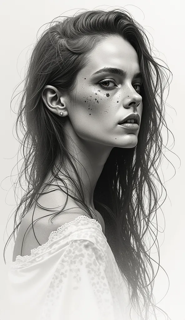 A woman's face caramelizes in a rather lateral position, long hair, Skeletal Face , . The drawing must be realistic, with details in the textures but without being too dark, in a sketch style with a white background. The format should be 9:16 and showing t...