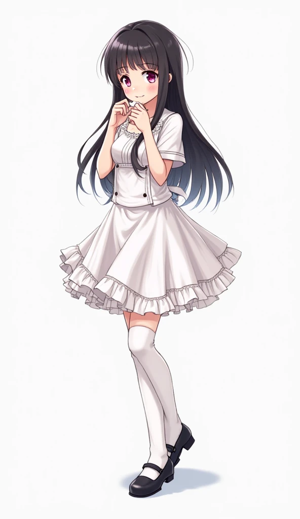 Japanese anime adolescent woman with long straight black hair and intense magenta eyes and wears a beautiful white dress with ruffles, black shoes with white tights and. He wears a small white jacket over the dress and the white background and full body an...