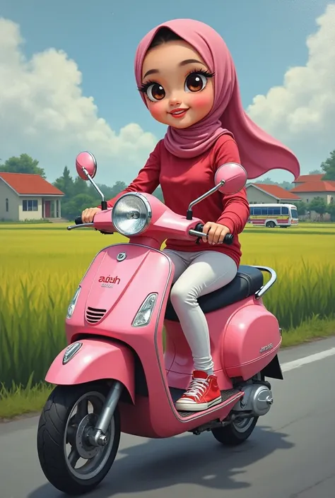 
High definition glossy oil painting Anime toon realistic  a beautiful young malay girl perfect makeup eyelashes pink lipstick ,glowing face and wearing a pink hijab riding a pink  scooter with the words "ADAH " written on the side. She is wearing a matchi...