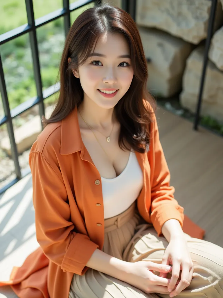 8k, masterpiece, highest quality, Surrealism, Japanese Beautiful Women, High-angle, slightly-below eye level,  Smiling, brown hair,  pale skin,  orange shirt, white camisole, beige pleated pants, necklace, relaxed, seated, hands together,  bright sunny day...