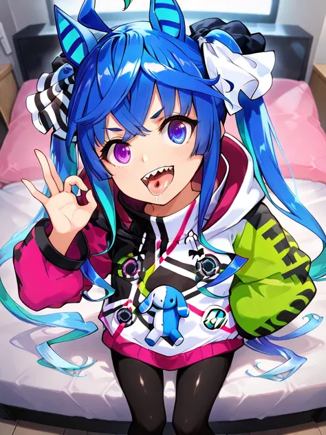 masterpiece, best quality, Alone, curved, beautiful eyes, ZZ twin turbo  ,  light blue hair tied at the top, twin tails, Erimi Mushibami, purple eyes, blue eyes, sharp teeth,   multicolor hoodie,  Black Leggings,  from above, Kobushi, smile, viewers,  Shin...