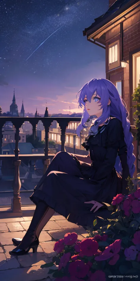 Neptunia (Hyperdimension Neptunia) Sitting on a balcony under a starry sky, high resolution garments, masterpiece, Anatomically correct, very detailed, Detailed face