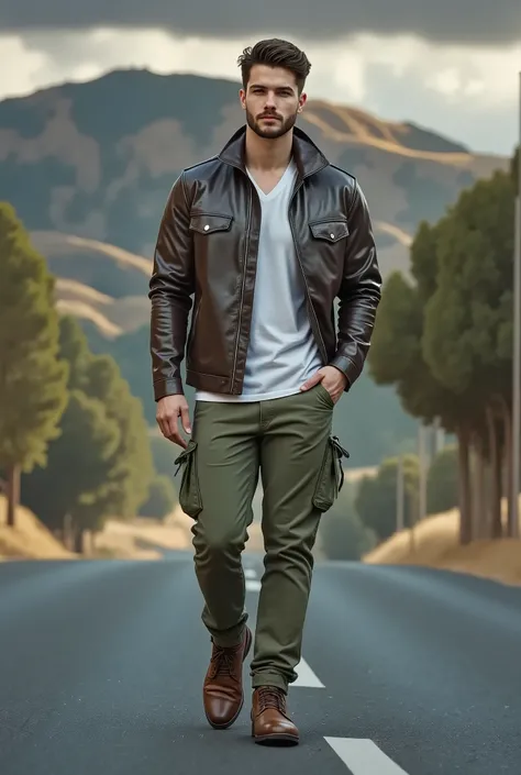 imagen grabada de un hombre caminando por una carretera con una camis a abierta color marrón tierra, s udadera blanca, pantalones anchos con muchos bols illos de colores tierras claro, manos en los bols illos del pantalon, elegante s eguro de s i ...