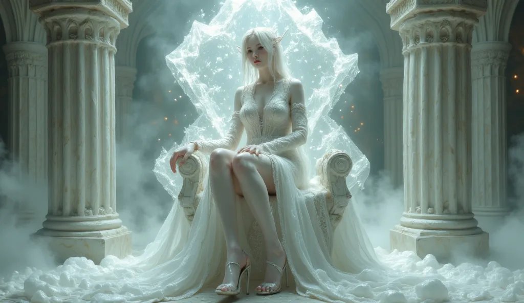 a full body picture of an albino Asian western mixed woman, sitting on diamond throne, crossing and exposing her legs and feet, wearing an elegant ancient-style white white robe with intricate embroidery, draping gracefully over her shoulders and wear tran...