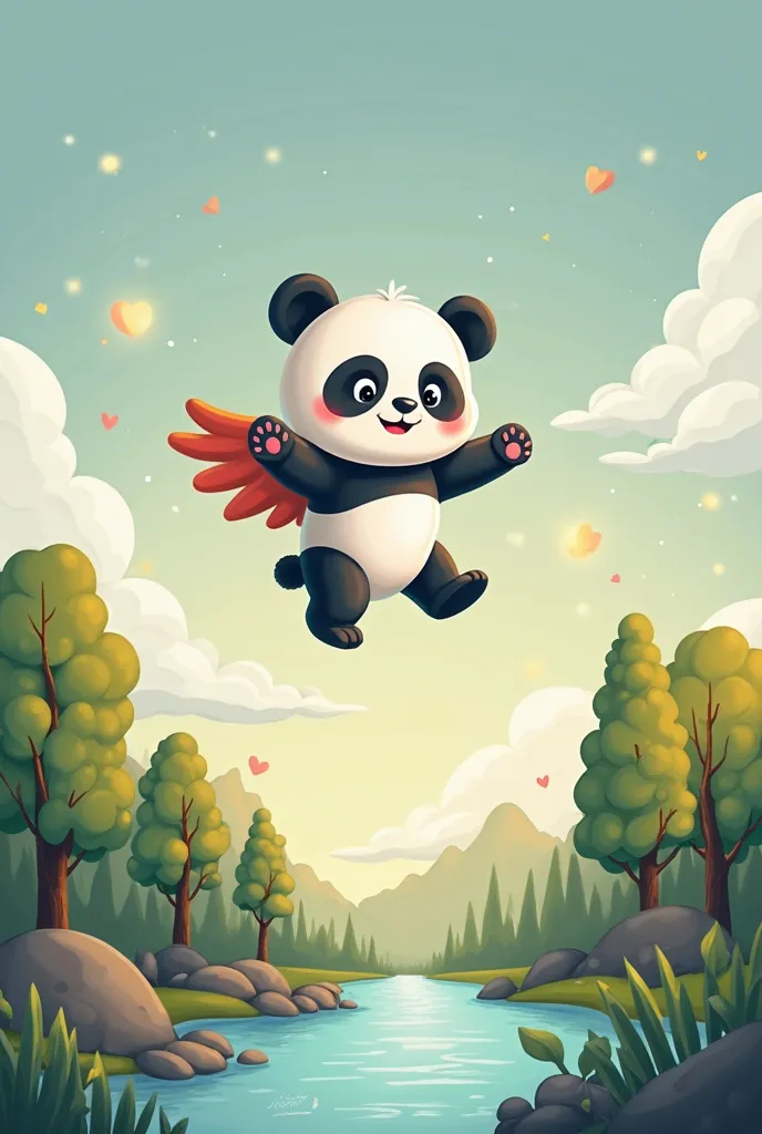 Une adorable illustration pour enfant représentant un panda vole dans le ciel, au dessus d'une forêt et d'une rivière. L'ambiance est douce et chaleureuse, avec une lumière tamisée. Le style est coloré et cartoon, avec des traits ronds et un aspect mignon....