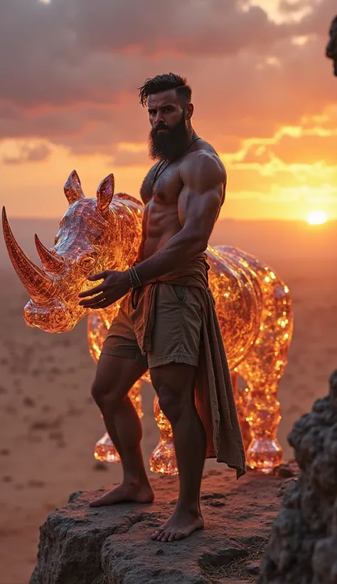 "A rugged man holding a majestic crystal rhinoceros, its body shimmering with translucent gemstones reflecting the golden sunset, standing on a rocky cliff overlooking an endless desert, intense gaze, twilight lighting with warm amber and purple hues, hype...