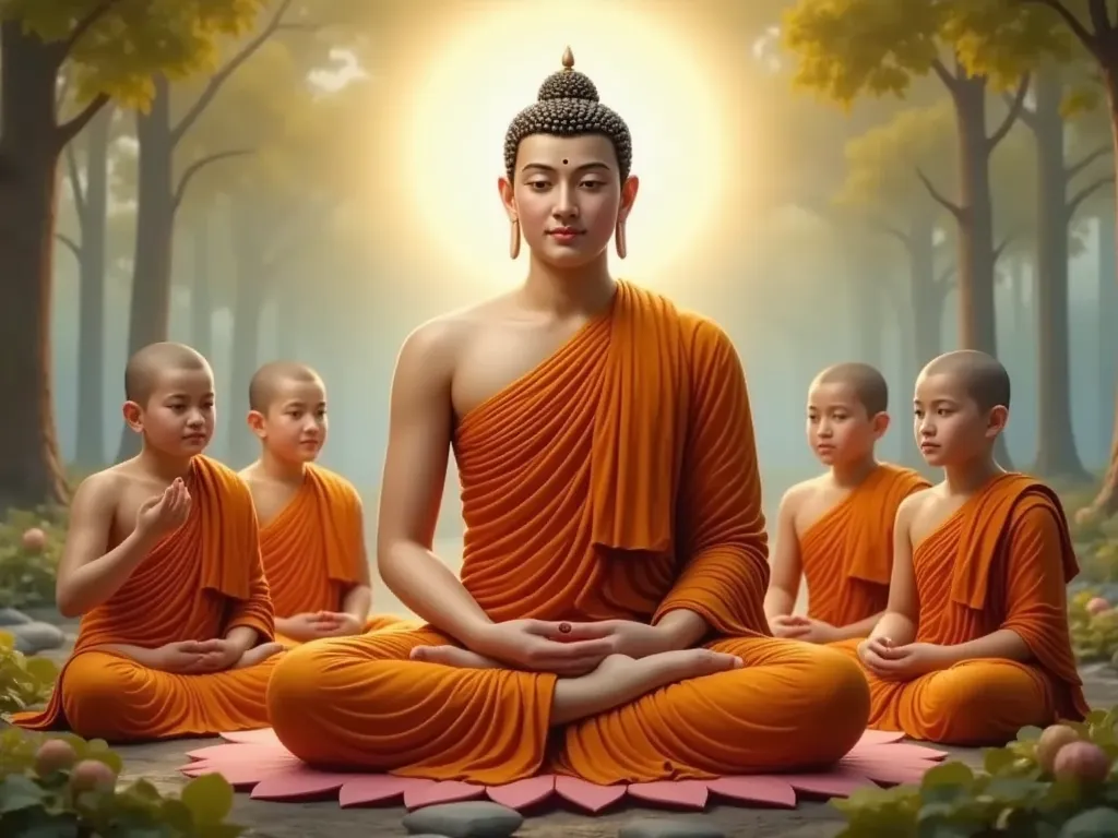 Side view angle, A serene Buddha, depicted in a medium shot, is seated on lotus amidst a group of young monks, he raise one hand up show to all monks. His face look at the all monks, The Buddha is light-skinned, with a calm and peaceful expression. he is w...