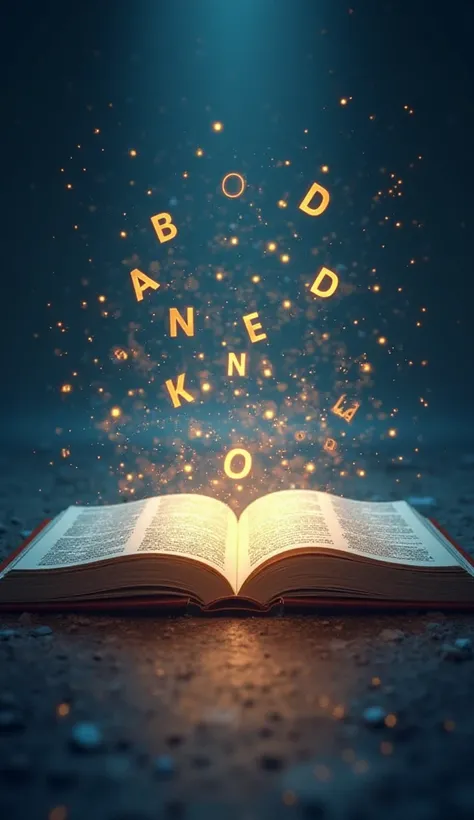 A high-resolution, futuristic educational background featuring an open dictionary with glowing golden pages, floating alphabet letters, and synonyms connected by neon light lines. The words are artistically arranged in the air, showing connections between ...