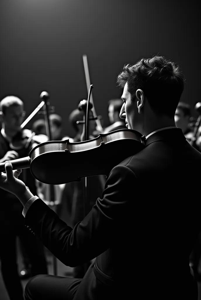 Orchestra and male singer in portrait. Black and white image. Not much focus on the singer.