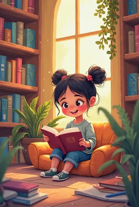 A cartoon of a girl who reads on the occasion of the Arab Library Day